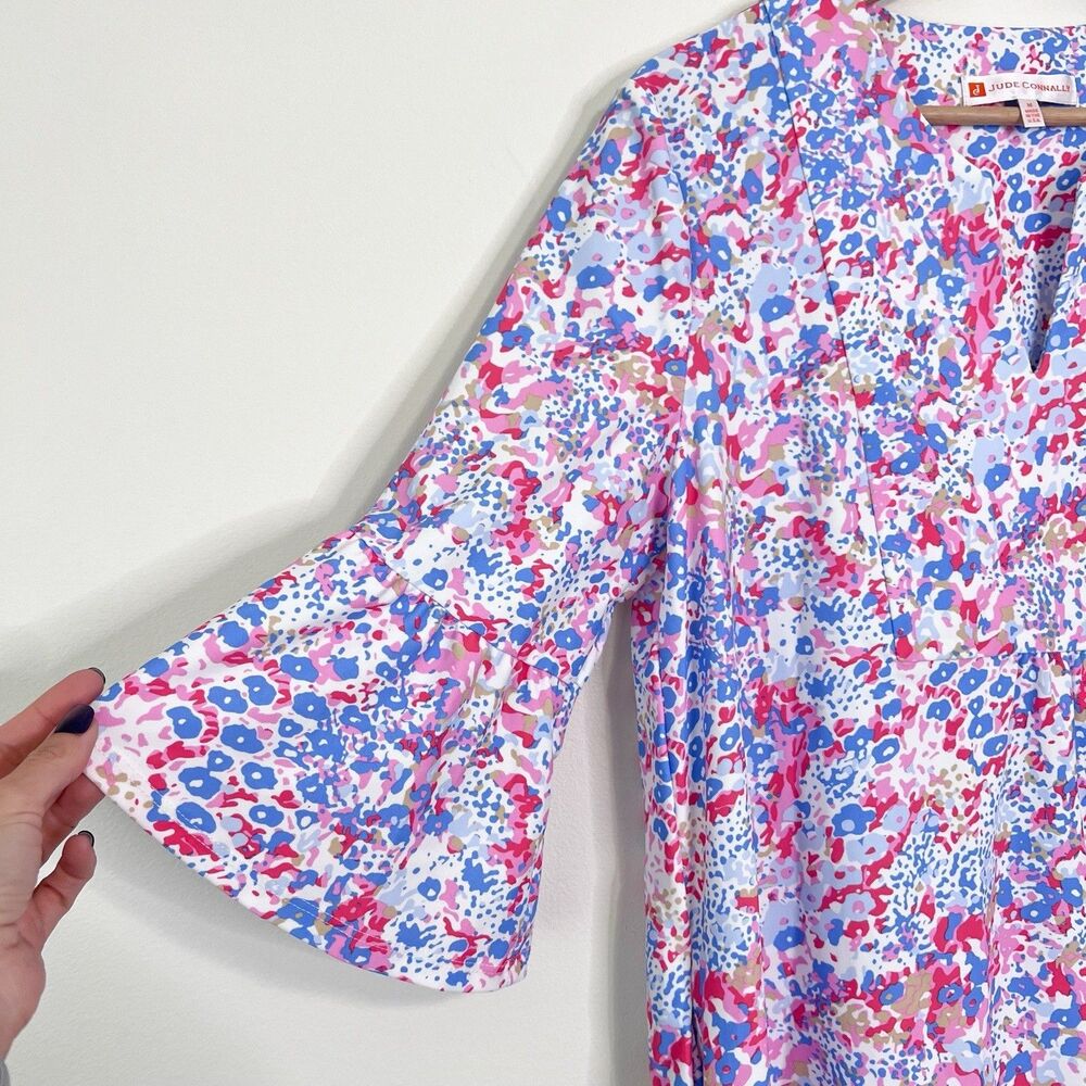 Jude Connally Bell Sleeve Shift Mini Dress Size M Pink Blue Abstract Print - Picture 6 of 9
